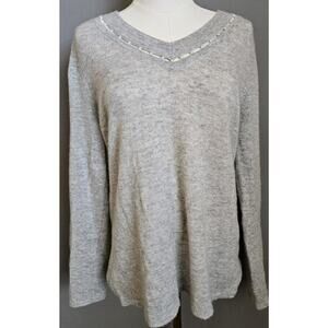 Charter Club Luxury 100% Cashmere Womens M/L Gray Pearl Bead Detail V Neck